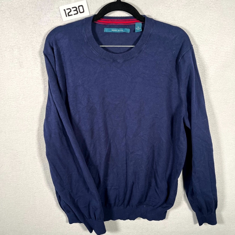 Perry Ellis Sweater Mens XL Navy Blue Viscose Crew Neck Ribbed‎ Hem Pullover